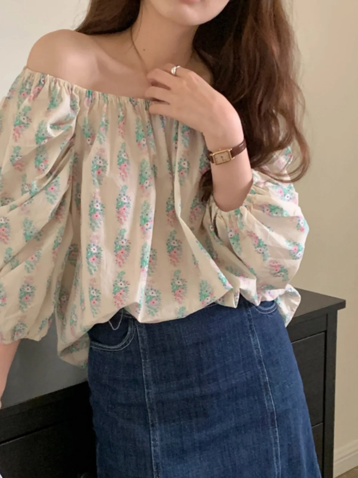 Minceur Chic une épaule lanterne Sve femmes irt exposant la clavicule Sexy été coréen Sle Floral trajet irt