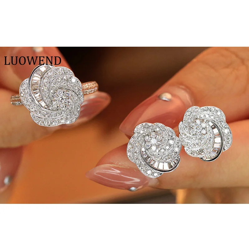 

LUOWEND 18K White Gold Earrings Irregular Flower Design 0.80ct Real Natural Diamond Earrings Shiny Ring Luxury Women's Jewelry