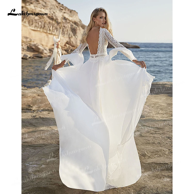 Praia boho com decote em v sexy sem encosto completo alargamento manga rendas apliques a linha vestidos de casamento chiffon vestidos de noiva varredura vestido