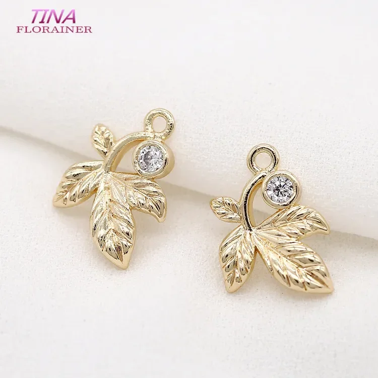 12*15MM 14K Gold Color Brass and Zircon Leaf Leaves Shape Charms Pendants Jewelry Making Supplies Diy Accessories