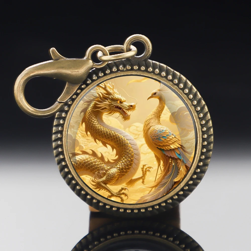 Llavero con cúpula de cristal redonda con temática de dragón y fénix: llavero de metal hecho a mano, regalo de joyería para hombres y mujeres