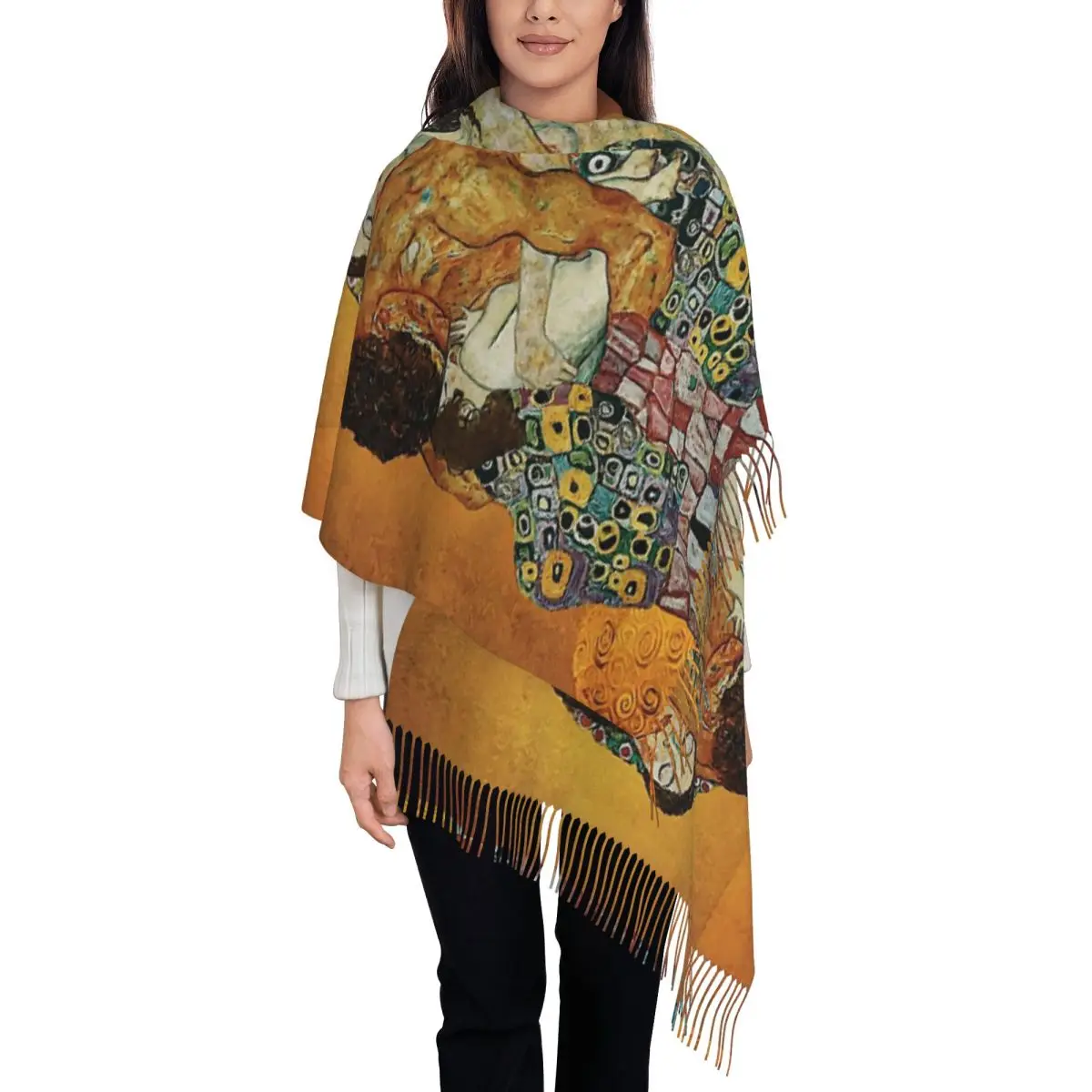 The Kiss By Gustav Klimt Scarf Tassel Scarves Women Soft Warm Shawls and Wraps Long Fall Winter Shawl Wrap