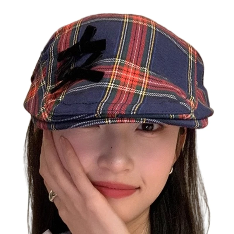 Japanese Hat with Lattice Pattern Spring Hat Bowknot Painter Hat for Adult Skin Friendly Peaked Hat