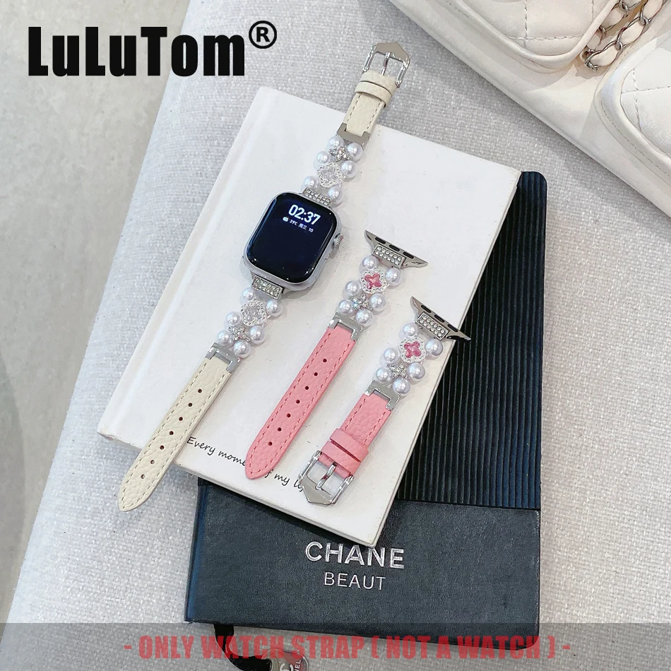 

Ремешок для часов с четырьмя листьями клевера и жемчугом для Apple Watch Series 11, 10, 9, 8, 7 6, SE 5 Ultra Strap iwatch 46 42 38 40 41 44 45 49 мм Браслет