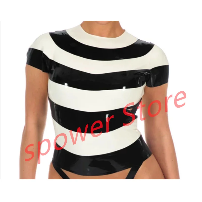 

100% Handmade Latex Top Unisex Short Slevees Rubber Shirt Black with White Fetish Customize for Women Fashion Cosplay Costume