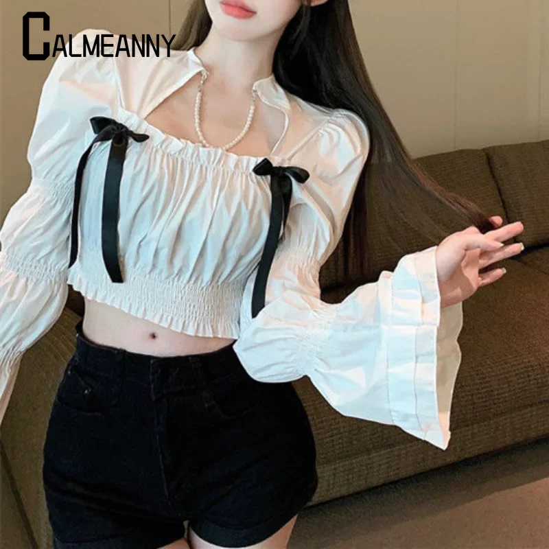 Spring New Fashion Blouses Vintage Design Women Korean Square Collar Flare Long SleeveSolid Bow Sweet French Lovely Slim Elegant