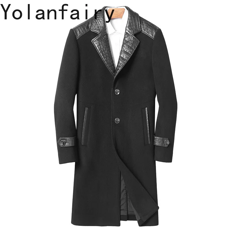 YOLANFAIRY Genuine Sheepskin Patchwork Wool Coat for Man Autumn Winter High-end Cashmere Jacket Men Mid-length Woolen Overcoat