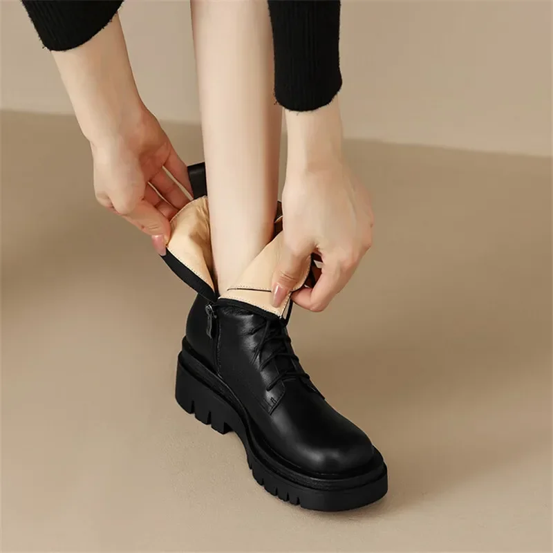 Women Genuine Leather Platform Boots Women Round Toe Lamb Hair Short Boots for Women Winter Women Boots High Heels Ladies Shoes