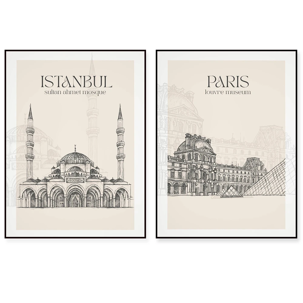 Louvre Museum Paris, Istanbul, Statue of Liberty, India, London Bridge Vintage Travel Cityscape Nordic Poster Canvas Painting