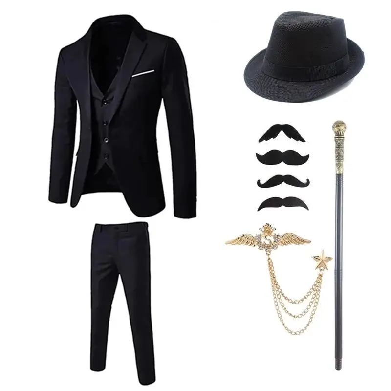 Gatsby Themed Slim Fit Suit with Hat Long Sleeve Wedding Engagement Party Outfit Men's Tuxedo Vest Shirt Ensemble