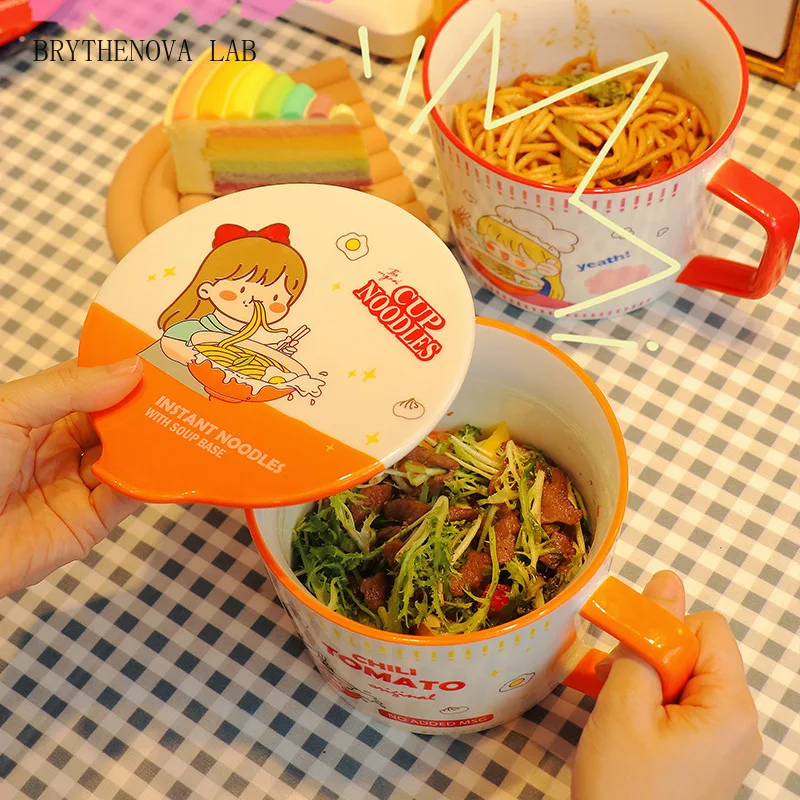 Cartoon Instant Noodle Ramen Bowl with Cover 950ml Salad Bowl Ceramic Handle Soup Cup Student Office Lunch Box Boy Girl Cozinha