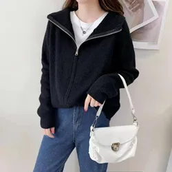 2024 Autumn Winter Women Jacket Thick Knit Cardigan Zipper Design Lapel Sweater Women Jumper Fashion Casual Solid Color Jackets