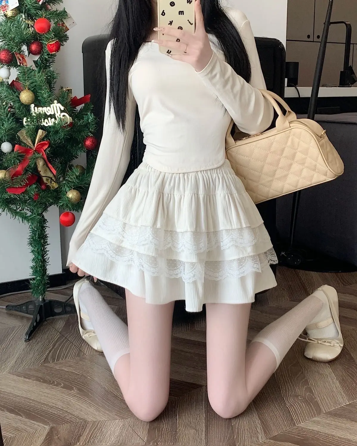 French Gentle Style Lace Splicing Cake Skirt Spring/Summer New High Waist Slim Look Anti Light Out Puff Half Length Skirt