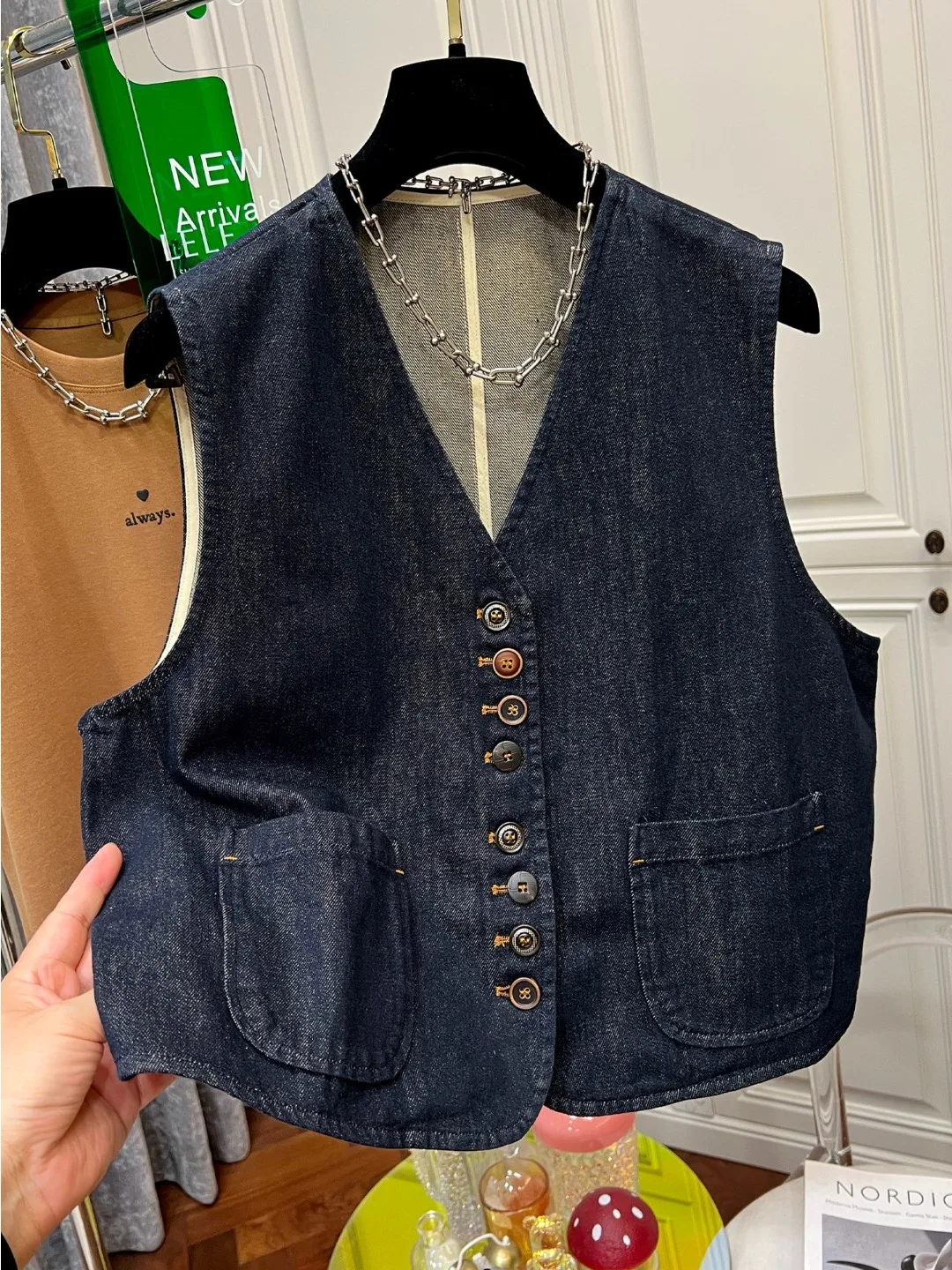 

Ele Deep Blue V-Ne Denim Vest Women's Spring Autumn Sle Button Slimming Versatile Beautiful Jaet Cotton Blend