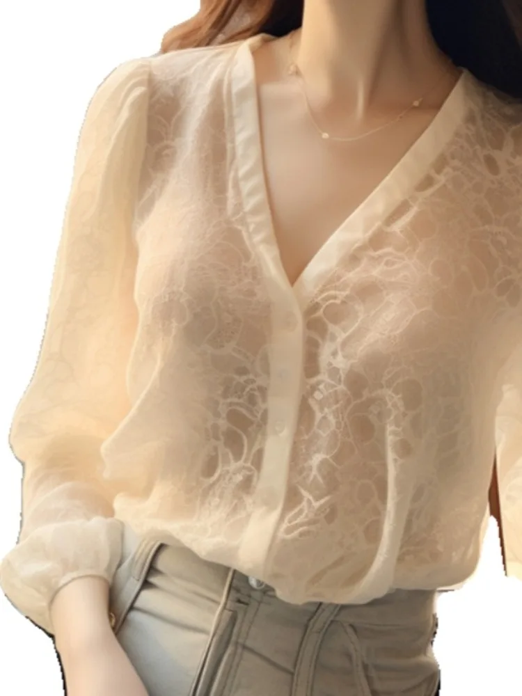 Chic Summer Blouse Women 2024 Blusas Mujer De Moda Puff Sleeve V-neck Lace Shirts Loose Fashion Korean Sweet Vintage Blouses Top