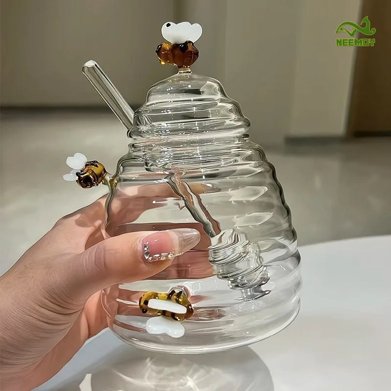

Glass Honeycomb Tank Kitchen Tools Honey Storage Container with Dipper and Lid Honey Bottle for Wedding Party Kitchen Home