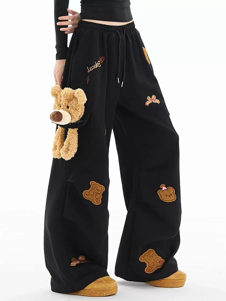 Cute Bear Embroidery Sweatpants Women Autumn High Waist Streetwear Loose Wide Leg Pants Y2K Korean All Match Straight Trousers