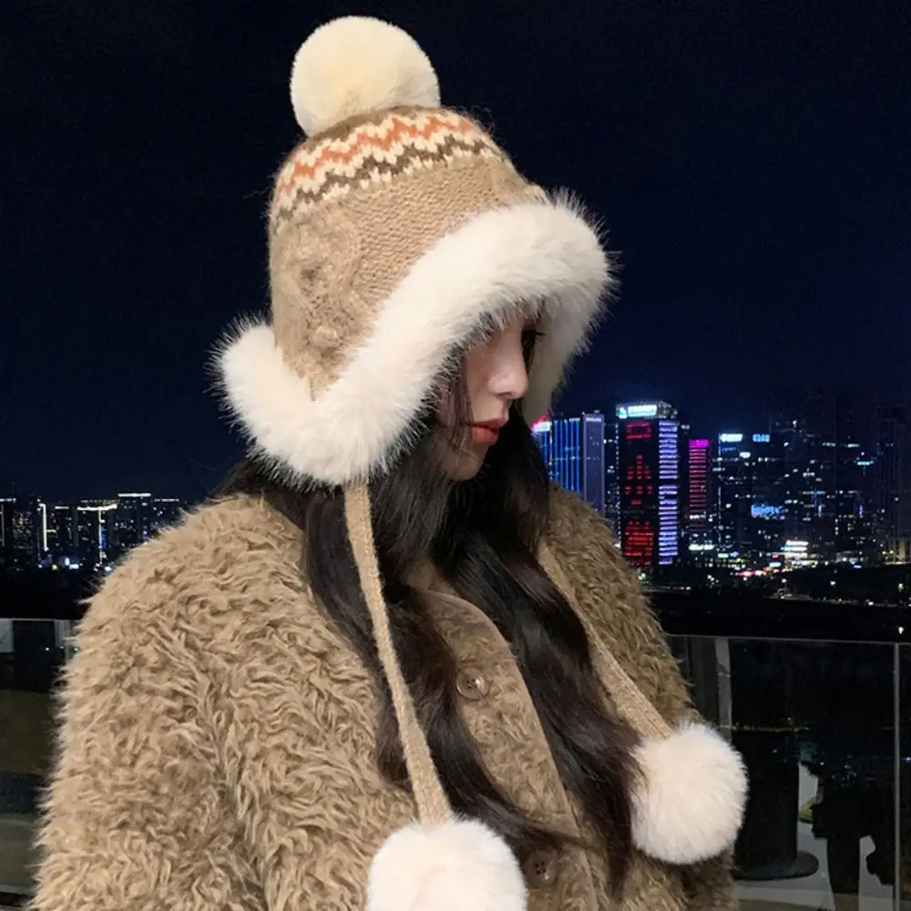 Gorro de punto Jacquard cálido a la moda, gorro con protección para los oídos estampado de estilo étnico, gorro de Lei Feng de lana Vintage para invierno