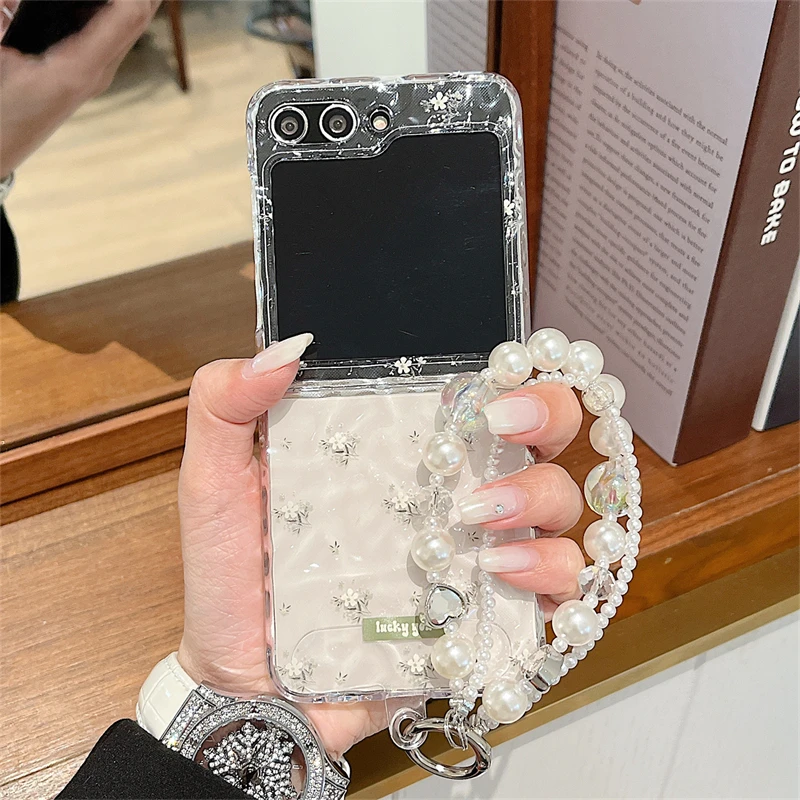 Funda de teléfono con bonito lazo y flores onduladas de agua transparente para Samsung Galaxy Z Flip 7 6 5 4 3 Flip5 Flip6 Flip7 con fundas de cadena Capa