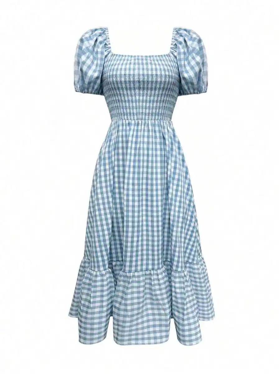 

Blue White Gingham Square Neck Smocked Bust Puff Sleeve Tiered Midi Dress With Ruffle Hem Boho Casual Spring Summer Outfit