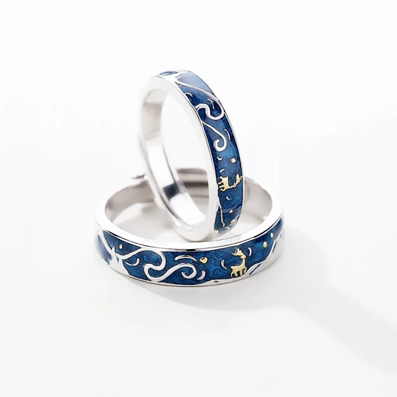Sole Memory Van Gogh Starry Reindeer Christmas Gifts Couple Rings 925 Sterling Silver Fine Female Resizable Opening Rings RI458