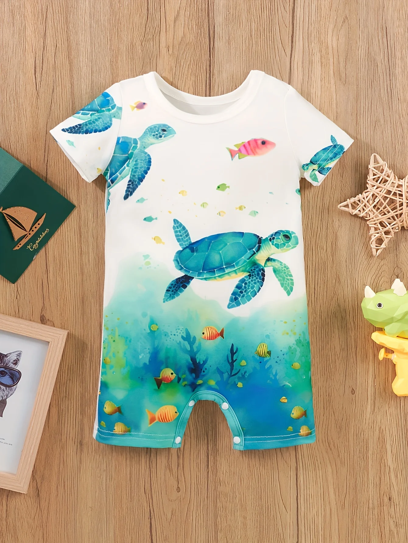 Newborn baby clothing baby boy one-piece sea world printed one-piece short-sleeved round neck flat angle ha clothes