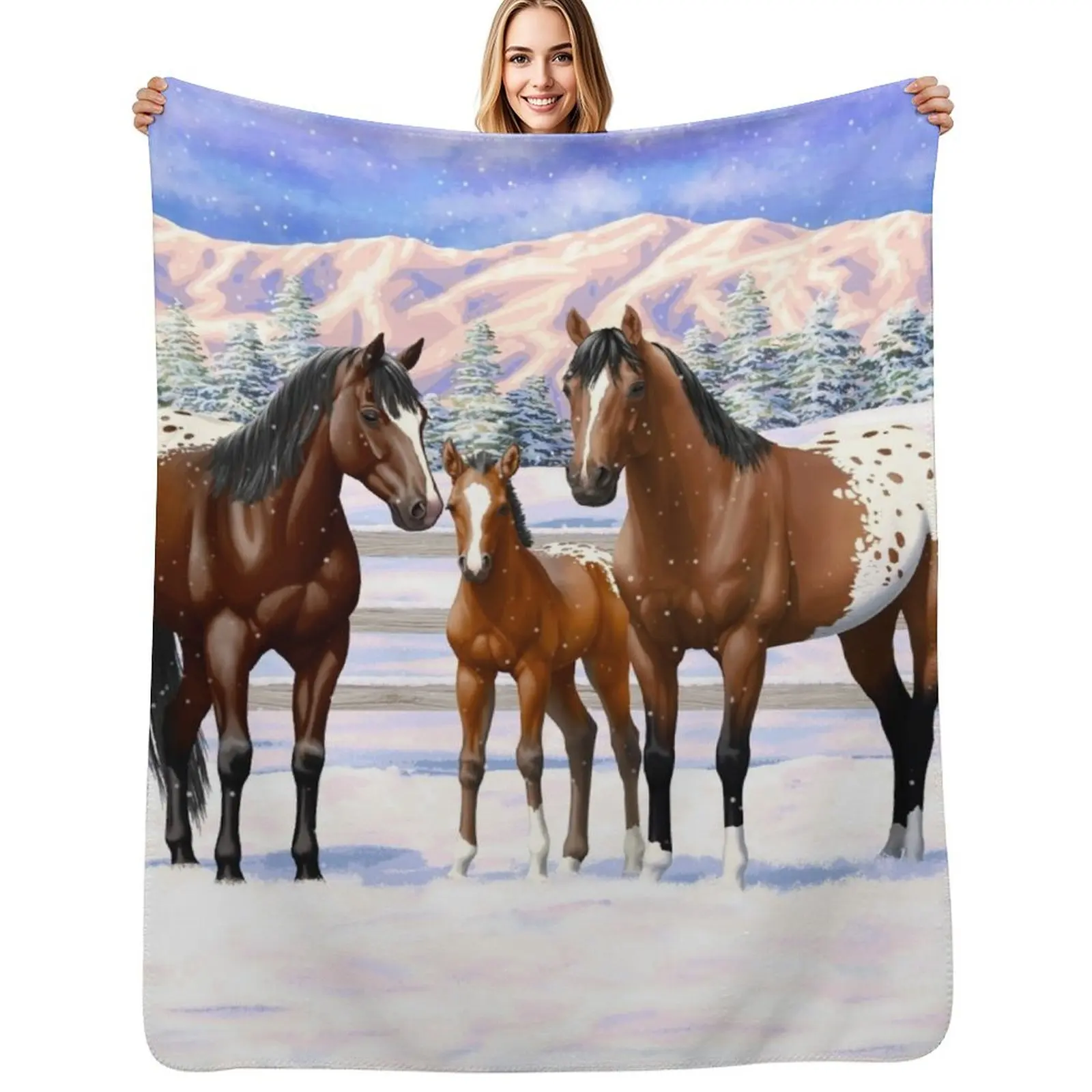 Bay Appaloosa Quarter Horses In Winter Snow Throw Blanket Bed Fashionable Cute Kid'S Designers manga Blankets