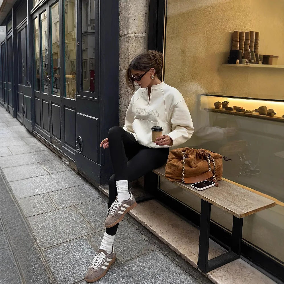 بلوزات عادية كم طويل للنساء موضة رسالة سستة فضفاضة البلوز الخريف الشتاء أنيقة الصلبة الدافئة هوديس 2025 #3