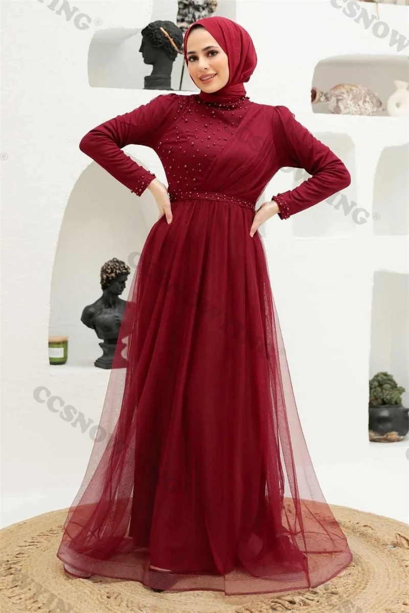 

Burgundy Full Sleeve High Neck Muslim Evening Dresses Tulle Beaded A Line Hijab Islamic Women Formal Party Gown Robe De Soiree