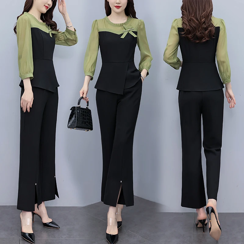 Women Chiffon Patchwork Elegant Pants Sets For Spring Autumn 2023 New Office Lady Slim Bow 2 Pieces Pantsuits Outfits Oversize