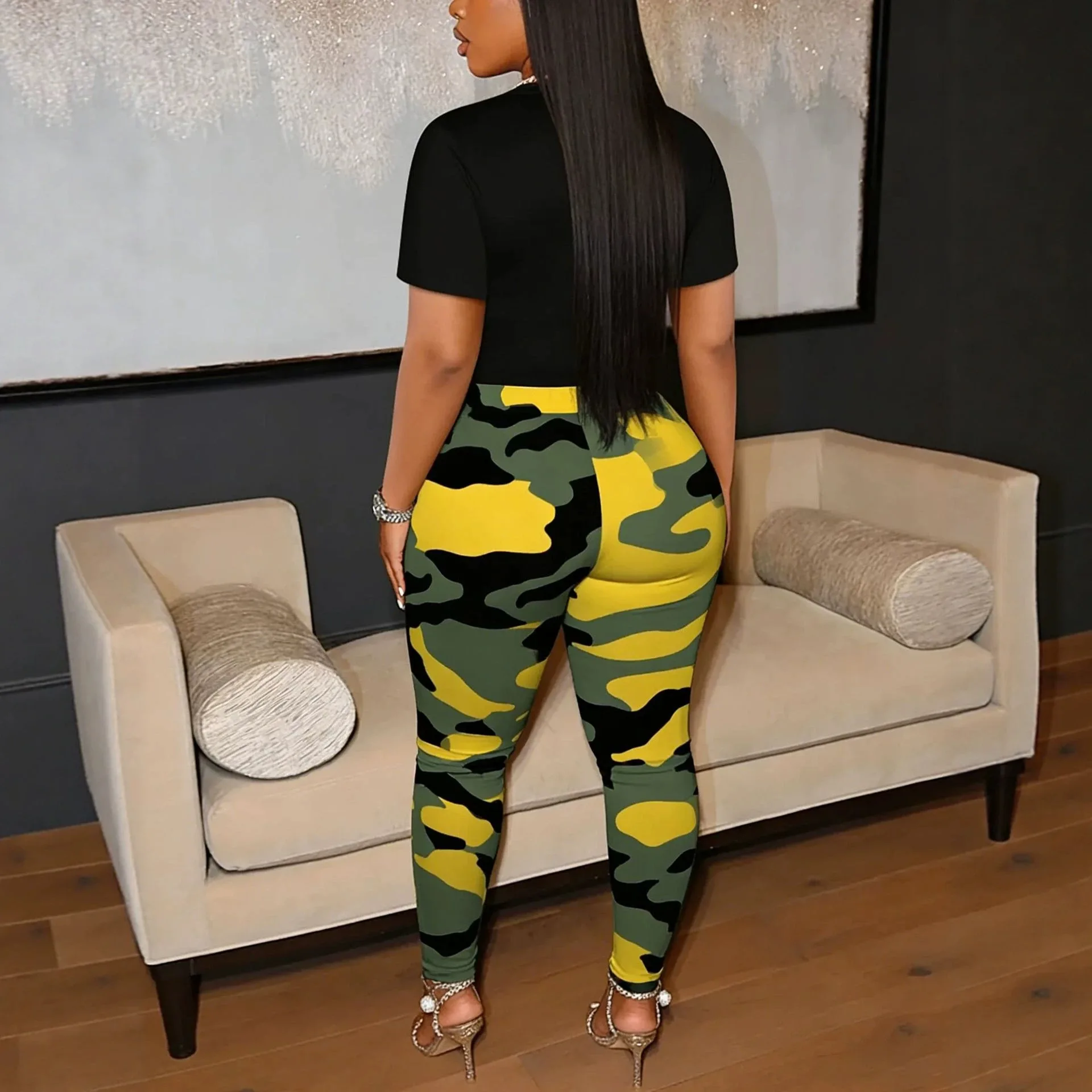 Women 2 Piece Outfit Queen Letter Print Short Sleeve Top Camouflage Drawstring Pants Casual Matching Two Piece Set