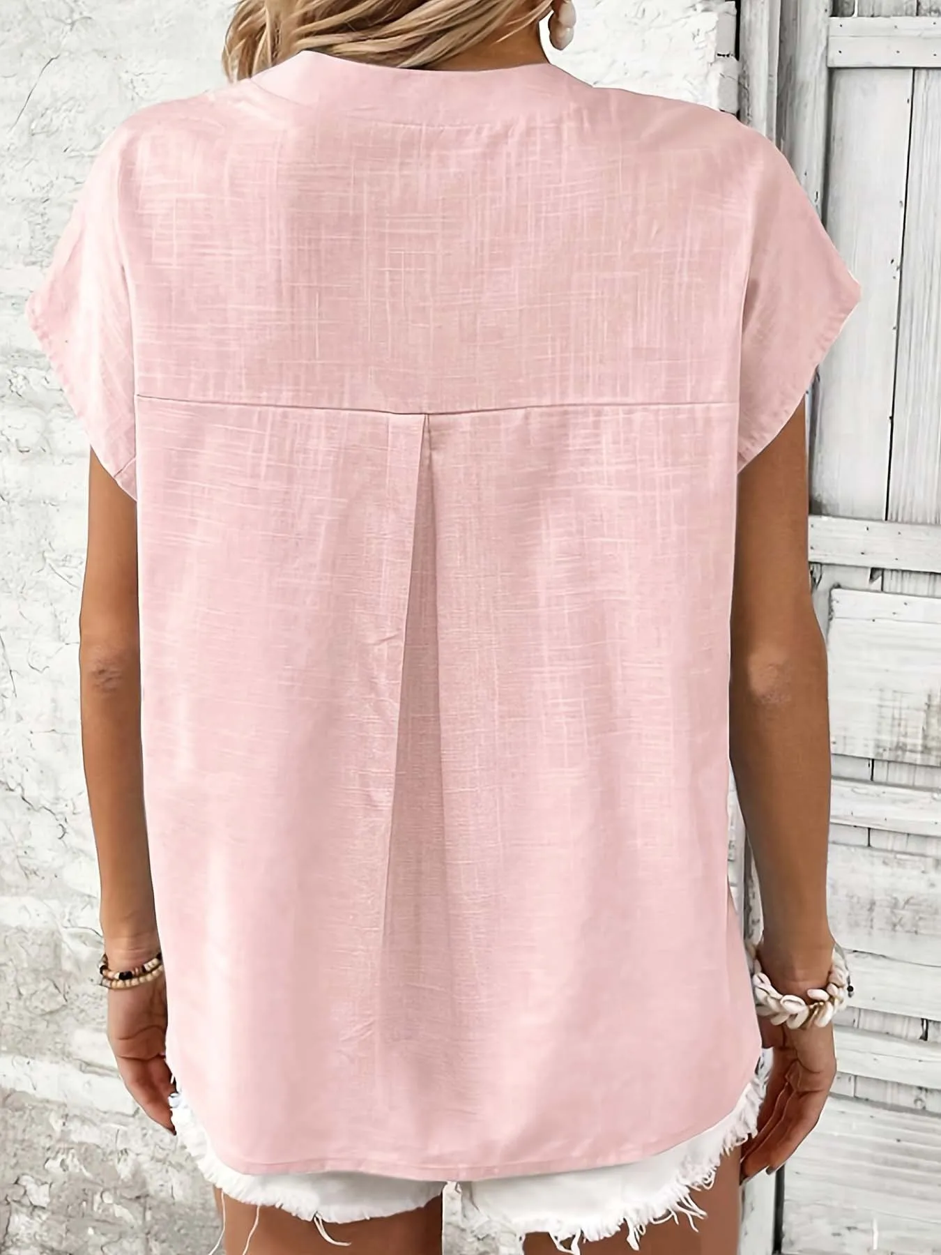 Damen 2026 Neue Vintage Baumwoll-Leinen-Bluse – V-Ausschnitt Kurzarm Einfarbige Bluse, Lässiges Retro-Oberteil – Detail 4