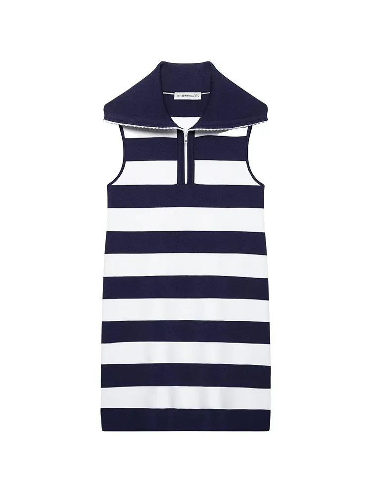 

HH Fashion Stripe Women's Knitted Dress Retro Lapel Half Zipper Sleeveless Mini Skirt 2025 Summer Women's Street Clothing