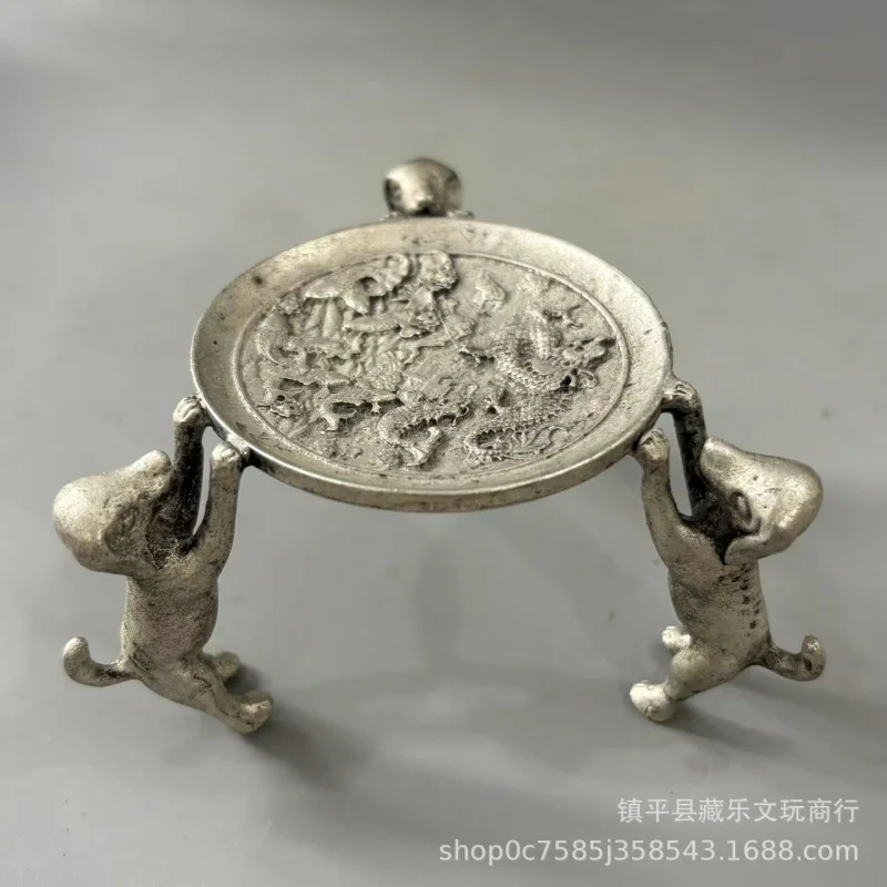 Antique Collection: Silver-Plated Pixiu Candlestick with Dragon Motif, Decorative Craft for Home, Office, and Buddhist Temple