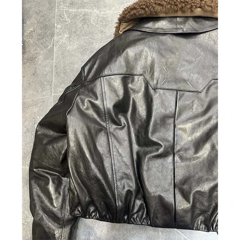 Winter donsjack dames geïmporteerd koud brouwen olie wax schapenvacht ganzendons jas wollen bontkraag rits losse korte gewatteerde jas