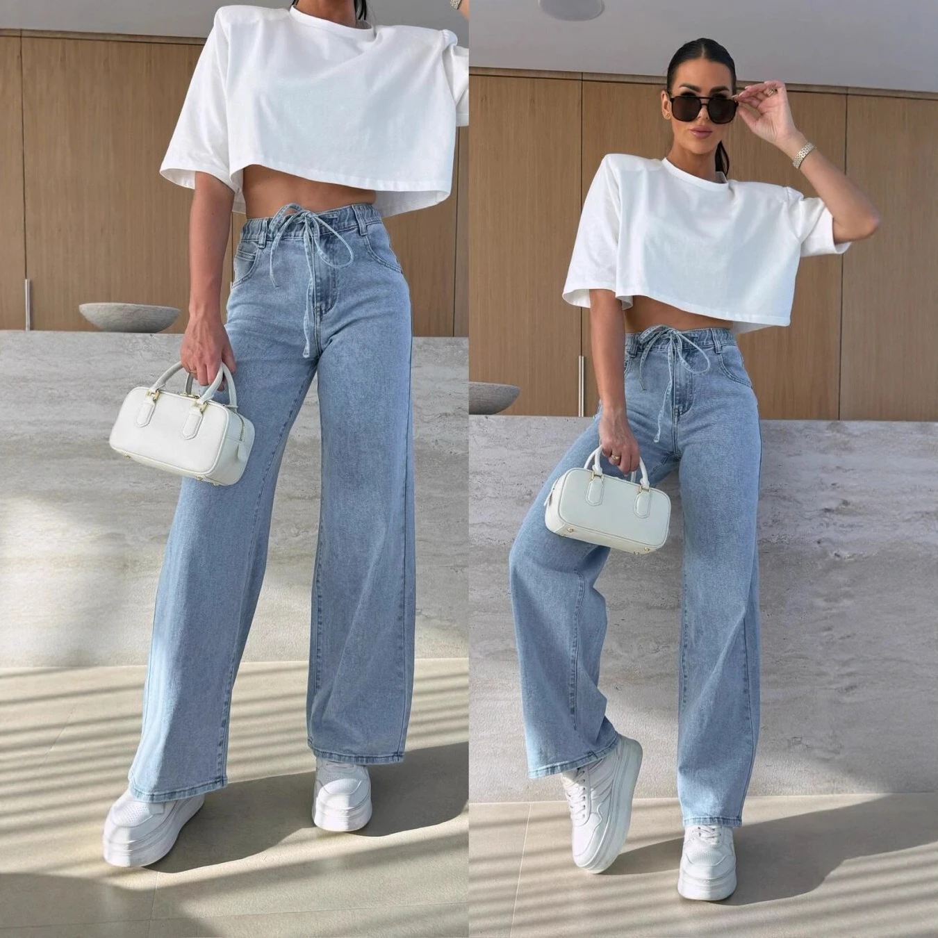 

2026 Spring New Arrival Women's High Waisted Elastic Waist Wide Leg Denim Pants Light Blue Loose Versatile Straight Leg Jeans