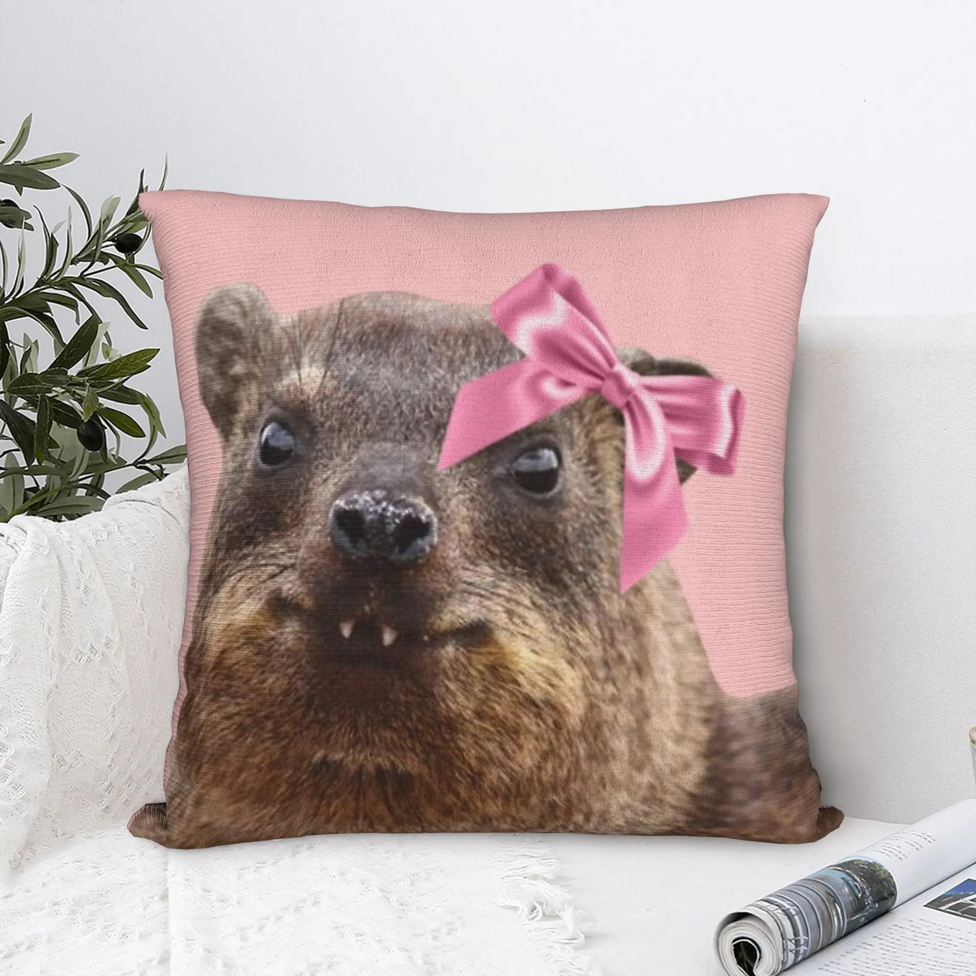 Pillow Cover Cute rock hyrax wearing bow  Kawaii Pillow Case For Living Room Chair Pillowcases
