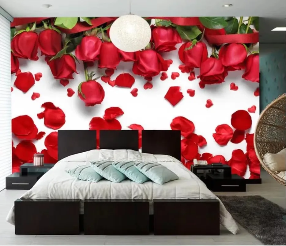 Custom mural three-dimensional relief Red rose petals TV bedroom Wedding room background wall decorate wallpaper papier peint