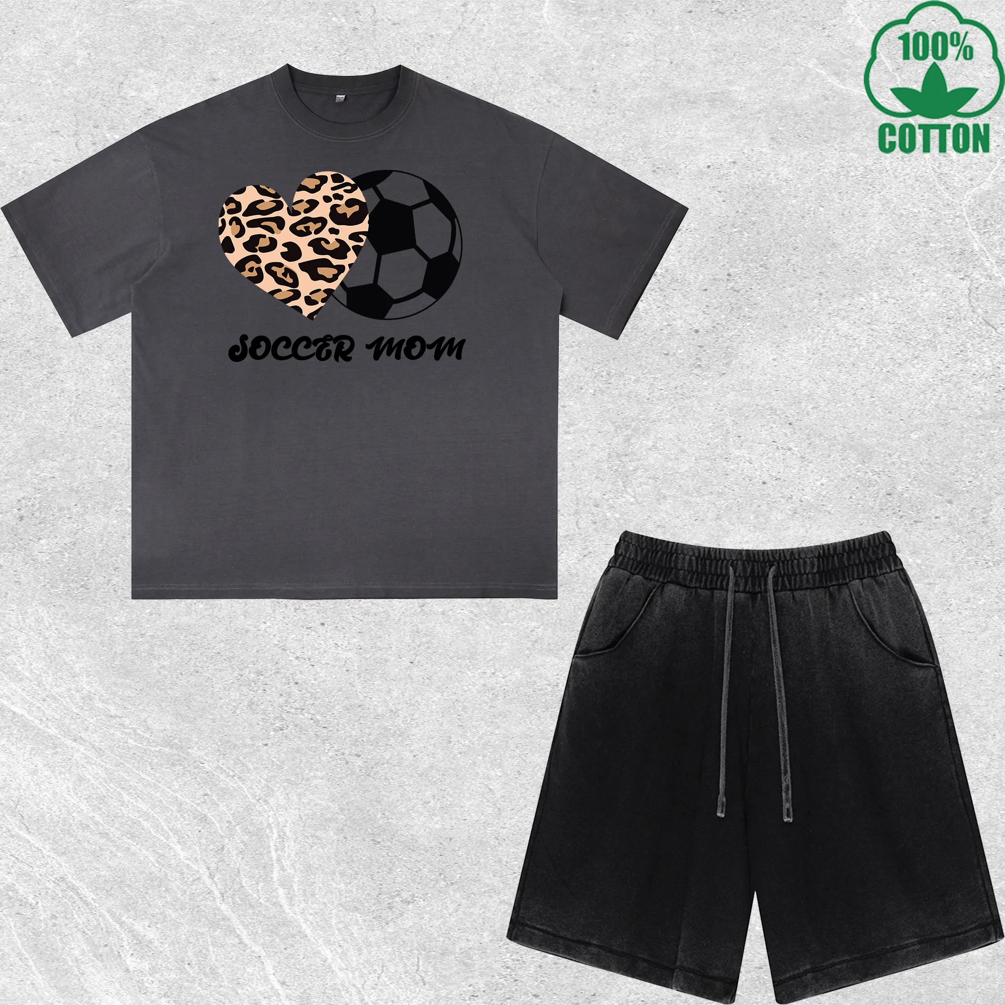 Conjunto de Camiseta e Shorts Estampado Love Soccer com Efeito Desgastado, Solto, Moderno e na Moda, 100% Algodão, Pacote Econômico de Shorts