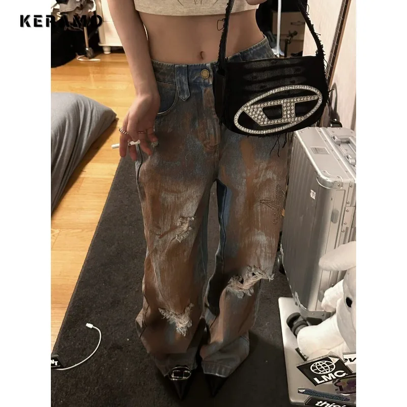 

2024 Summer Female Vintage Harajuku Y2K Loose Jeans Hollow Out Pants Women's Wide Leg Trashy Style Ripped Baggy Denim Trouser