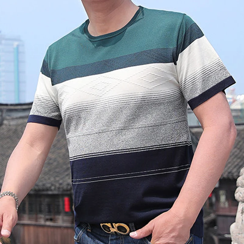 Men T-shirt Summer Round Neck T-shirt Short Sleeve O-Neck Striped Plus Size Loose Pullover Casual Vacation Party Tops