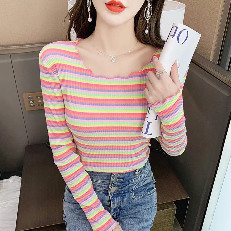 pure cotton Women T-shirt korean long Sleeve Rainbow stripe Graphic Casual Female Tee Tops harajuku Ladies slim Kawaii t-shirts