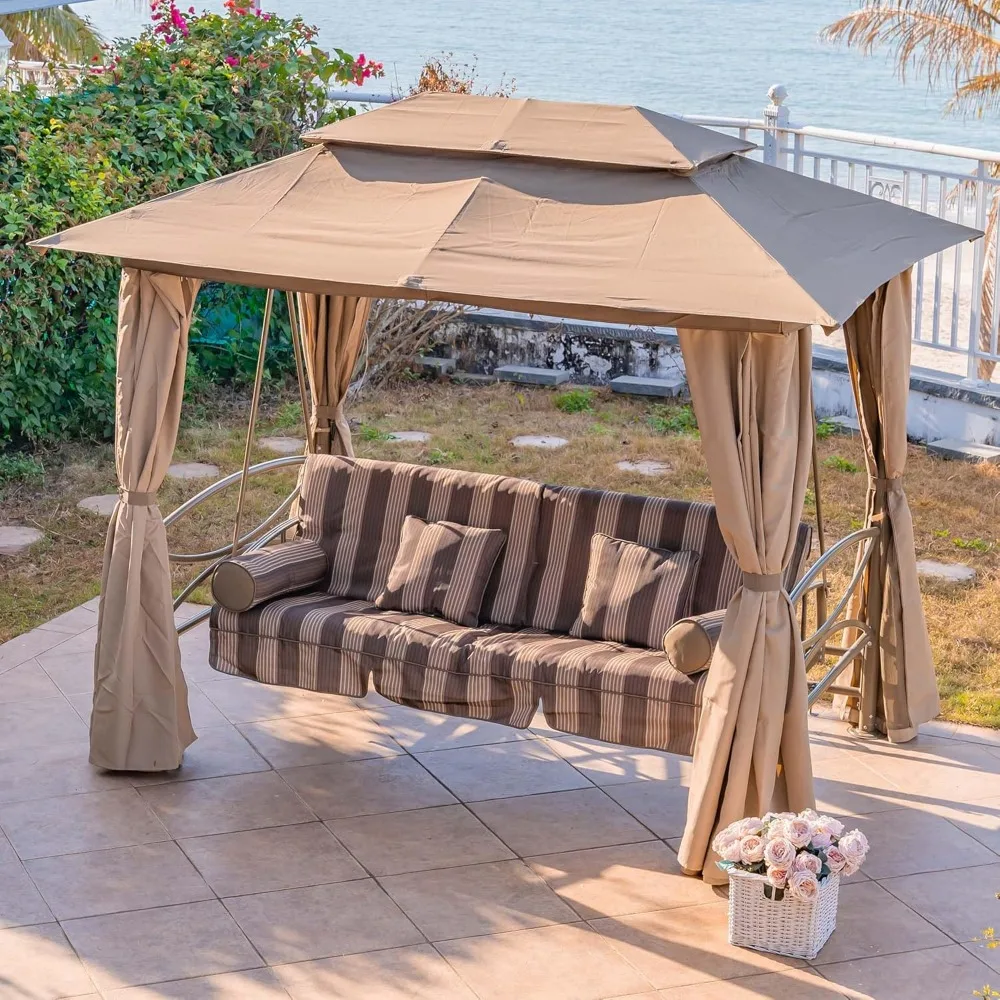 3 Person Outdoor Patio Porch Swing Gazebo with Netting & Gazebo Curtains with Canopy Swings for Adults