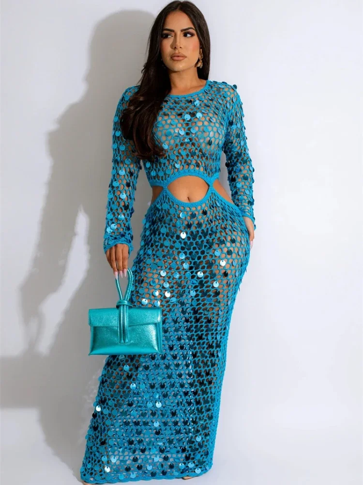 Sexy Sequined Crochet Knitted Beach Dress for Women Summer See-through Cover Up Bodycon Maxi Dress Vacation Club Party Dresses