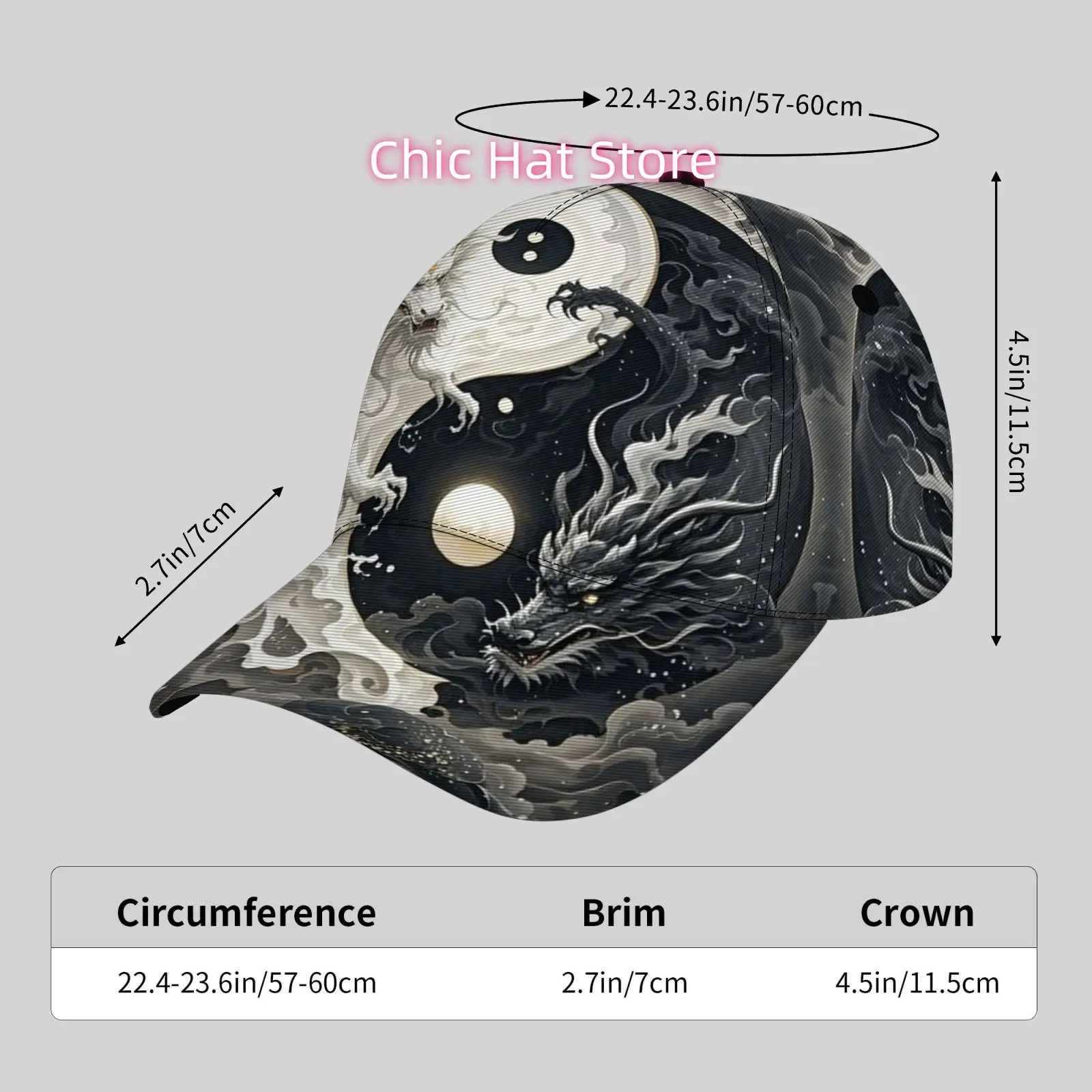 Trendy And Lightweight Cap, Stylish Hip-Hop Baseball Hat, The Tai Chi, Yin-Yang, Fish, Black and White, and Dragon pattern