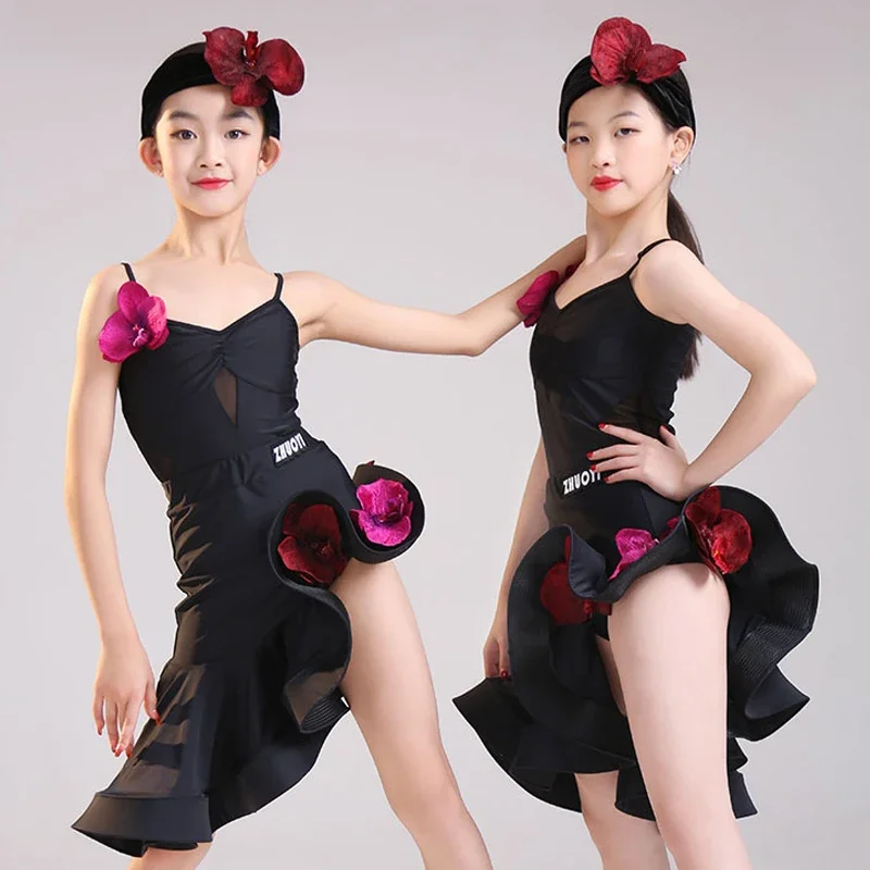 Summer Girls Latin Dance Dress Flower Costume Black Performance Practice Clothing Rumba Ballroom Dance Competition Dress NV19408