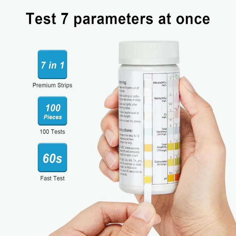 7 in 1 100Pcs Aquarium Test Strips PH Detection Nitrite Nitrate Chlorine Carbonate Total Alkalinity Hardness Tester for Tank