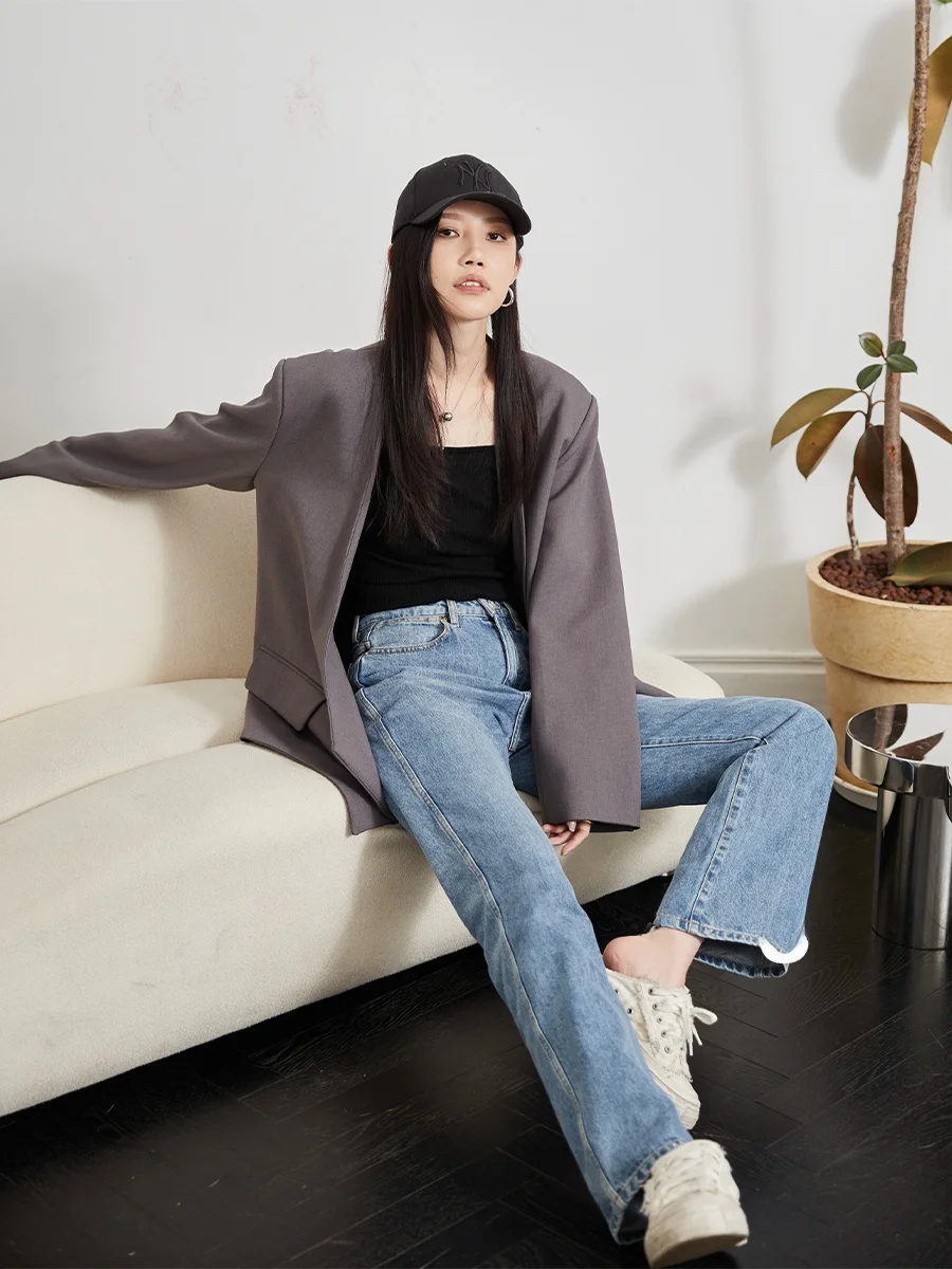 

Faionable ey oulder Pad Suit Jaet Loose Casual Sle Commute Spring Collection Long Sve Symmetrical Design