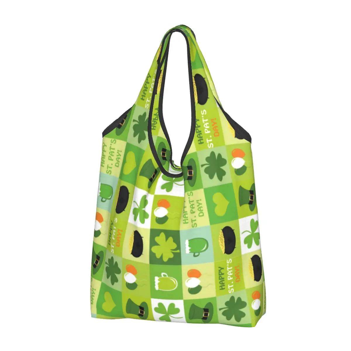 Reusable St Patrick's Day Irish Shamrock Clover Shopping Bags for Groceries Foldable Grocery Bags Washable Large Tote Bags