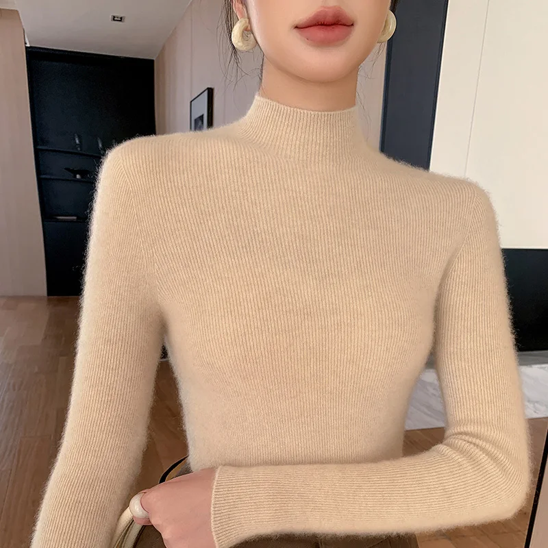 

Осенне-зимний женский однотонный пуловер с полувысоким воротником, высокоэластичный новый модный вязаный свитер с длинными рукавами -HY137